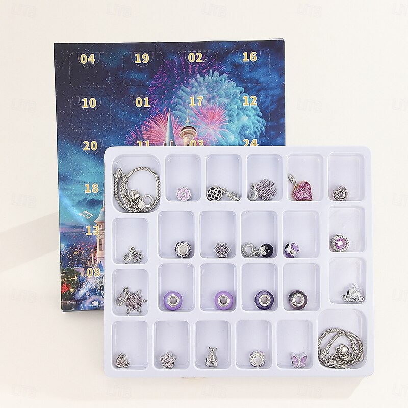 Christmas Advent Calendar Bracelets 2025 for Girls, Purple Style 24 Days DIY Jewelry Making Kit with 22 Charm Beads and 2 Adjustable Bracelets, Xmas Countdown Gift for Kids Teens Women2
