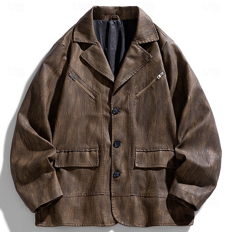 Men's Faux Leather Jacket Motorcycle Jacket Outdoor Casual Windbreaker Full Zip Fall Winter Solid Color Punk Active Regular Black Brown Jacket3