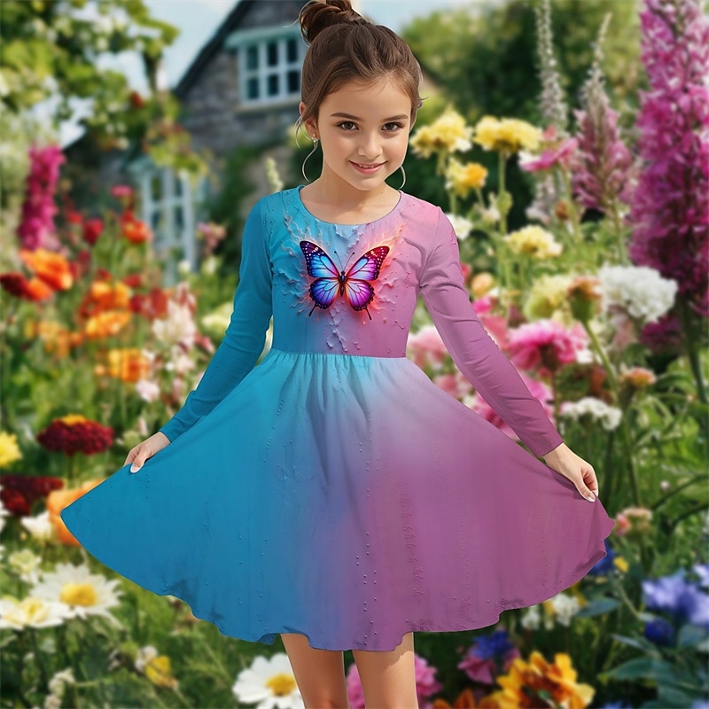 Girls' 3D Butterfly Dress Long Sleeve Summer Spring Vacation Daily Holiday Princess Beautiful Sweet Kids 4-12 Years Casual Dress A Line Dress Knee-length Regular Fit