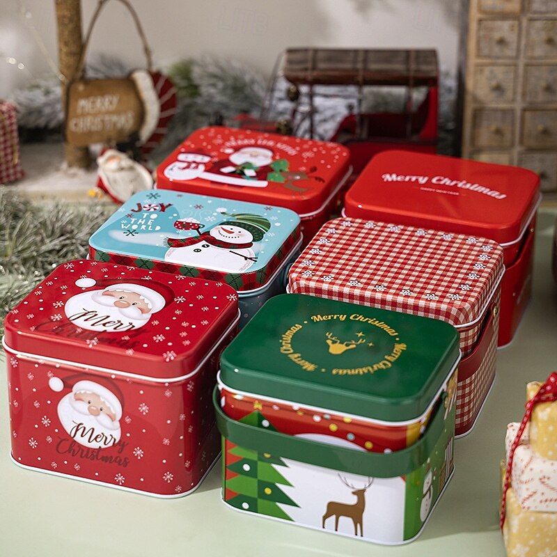 Christmas Cookie Tins with Lids for Gift Giving Xmas Tin Containers Metal Box with Handle Holiday Candy Biscuit Storage Jar Gift Packaging Box Festive Christmas Party Decoration Accessory2