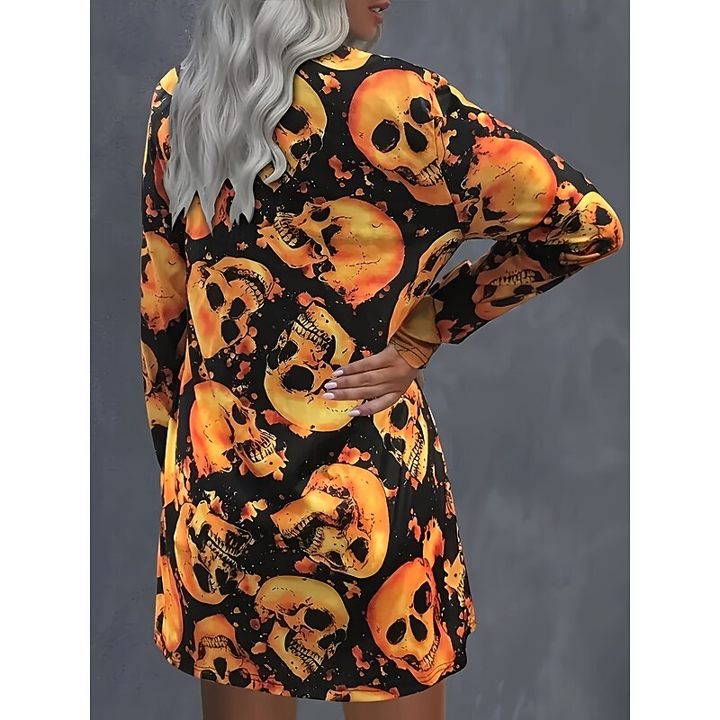 Halloween Women's Coat Lightweight Comfortable Skulls Print Open Front Vintage Artistic Casual Skull Casual Long Collarless Regular Fit Long Sleeve Outerwear Orange Spring Fall