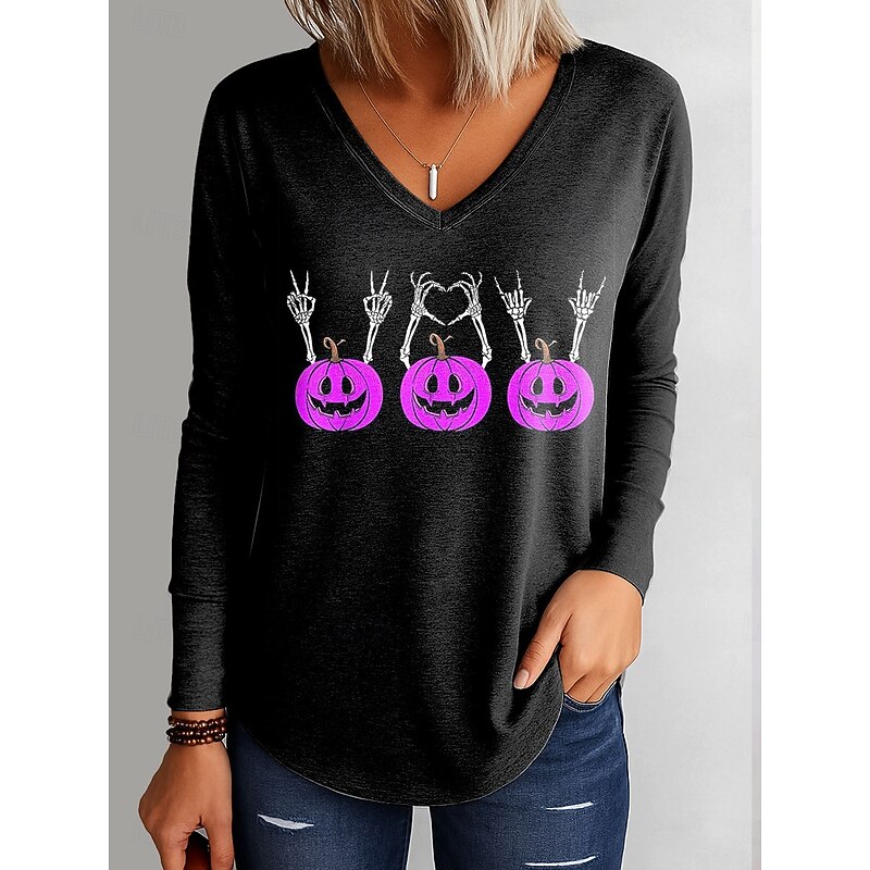 Halloween Women's T shirt Pumpkin Graphic Elegant Vintage Stylish Long Sleeve V Neck Regular Tops Daily Going out Weekend Print Blue Purple Orange Green Spring Fall4