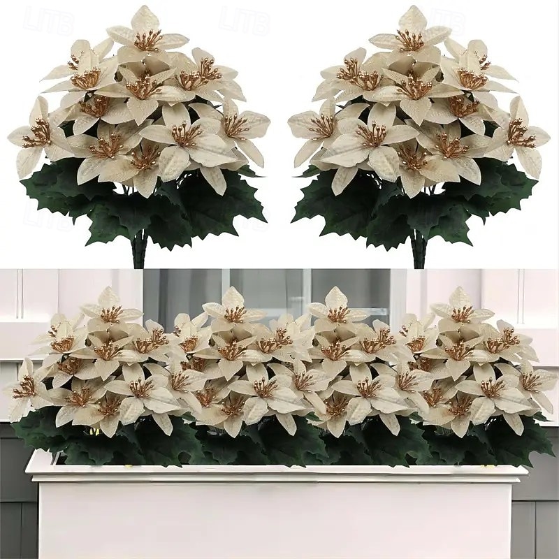 4PCS Christmas Poinsettia Artificial Flowers – Realistic Bouquet for Wedding, Porch, Garden, Indoor & Outdoor Holiday and Home Decor3
