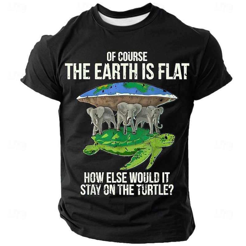 Mens Funny Flat Earth Turtle Elephant Graphic T-Shirt - Humorous Mythology Tee for Lifestyle