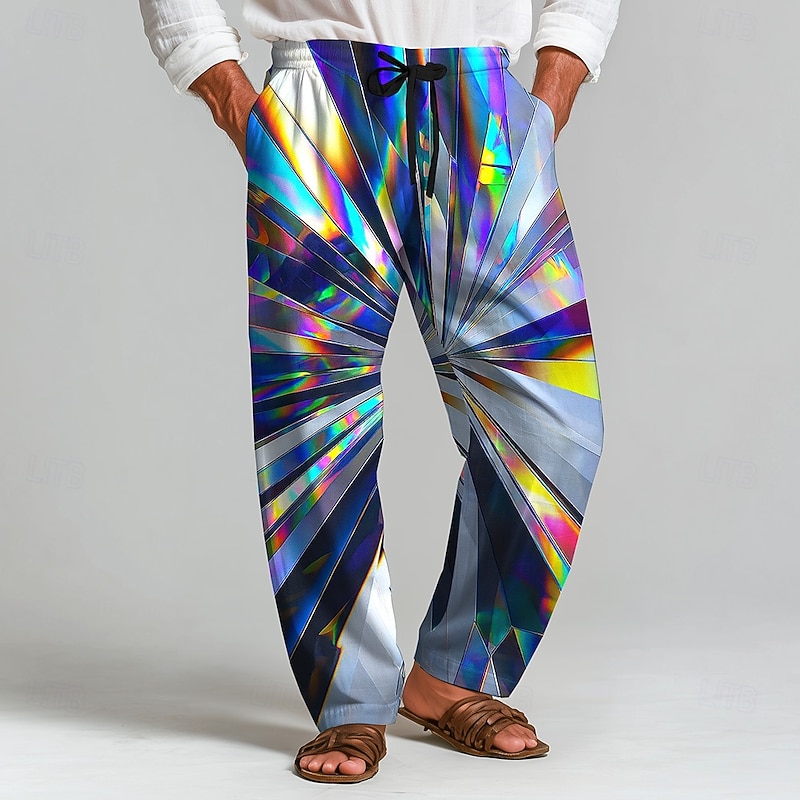 Men's Geometric Optical Illusion Laser Trousers Baggy Pants Casual Pants Mid Waist Fashion Outdoor Vacation Home Elastic Drawstring Waist Linen-Like Pants with Pockets Spring Fall 3D Print Blue Green