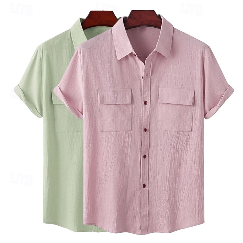 Men's Shirt Linen Shirt Summer Shirt Beach Wear Button Up Shirt Plain Vacation Casual White+Green Green+pink White+Navy Blue Pink+Navy Blue Short Sleeve Turndown Summer Clothing Apparel Multi Pocket2