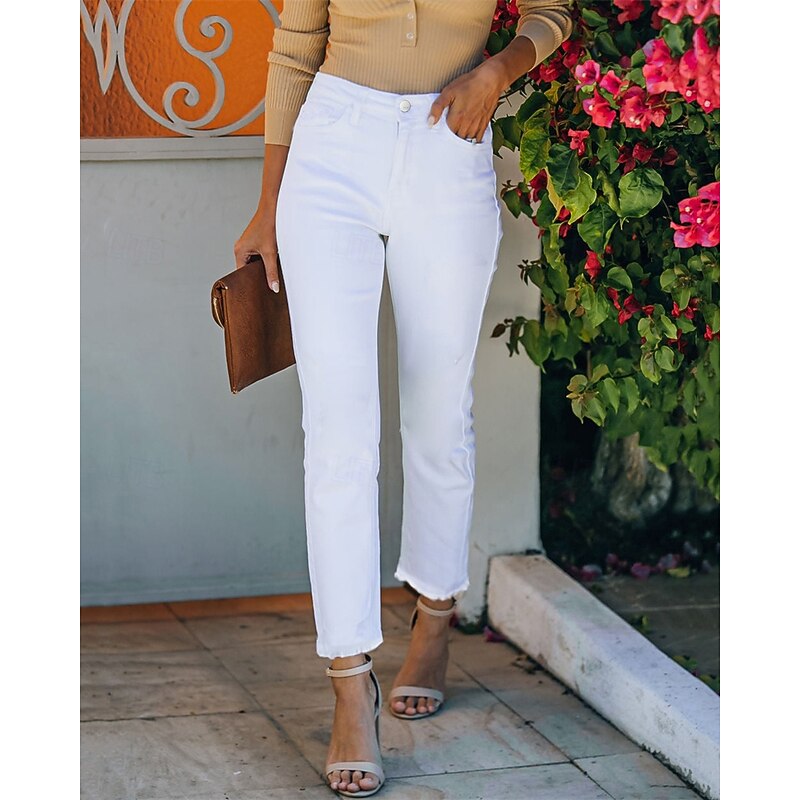 Women's Slacks Cropped Pants Straight Streetwear Casual Full Length Natural Plain Pocket Comfortable Street Holiday Daily Wear White Fall Regular Fit
