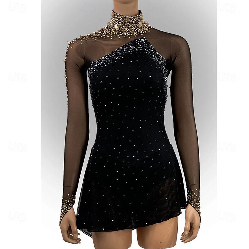 Figure Skating Dress Women's Girls' Ice Skating Dress Black Open Back Asymmetric Hem Mesh High Elasticity Training Competition Skating Wear Classic Crystal / Rhinestone Long Sleeve Ice Skating Figure