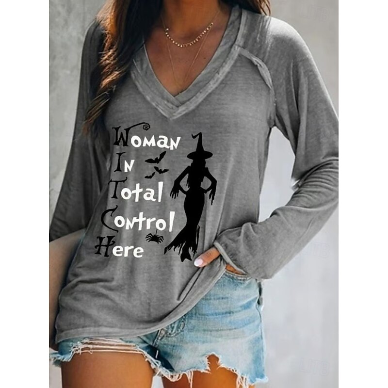 Halloween Women's T shirt Witch Long Sleeve Graphic Vintage Stylish Classic Long Sleeve V Neck Regular Tops Daily Print Black White Orange Gray Spring Fall Prefall4