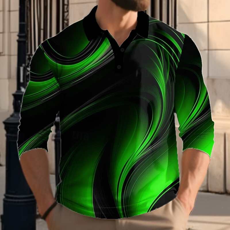 Men's Abstract Geometic Polo Long Sleeve Polo Shirts Lapel Casual Street Athleisure Daily Wear 3D Print Buttons Spring Fall Winter Blue Purple Green