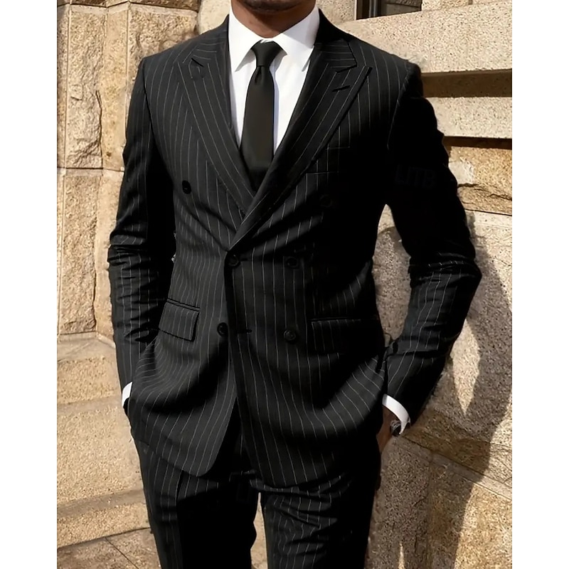 Men's Blazer Suits Business Cocktail Party Wedding Party Fashion Casual Spring Fall Polyester Stripes Pocket 2 Piece Comfortable Double Breasted Blazer Black Yellow Blue3