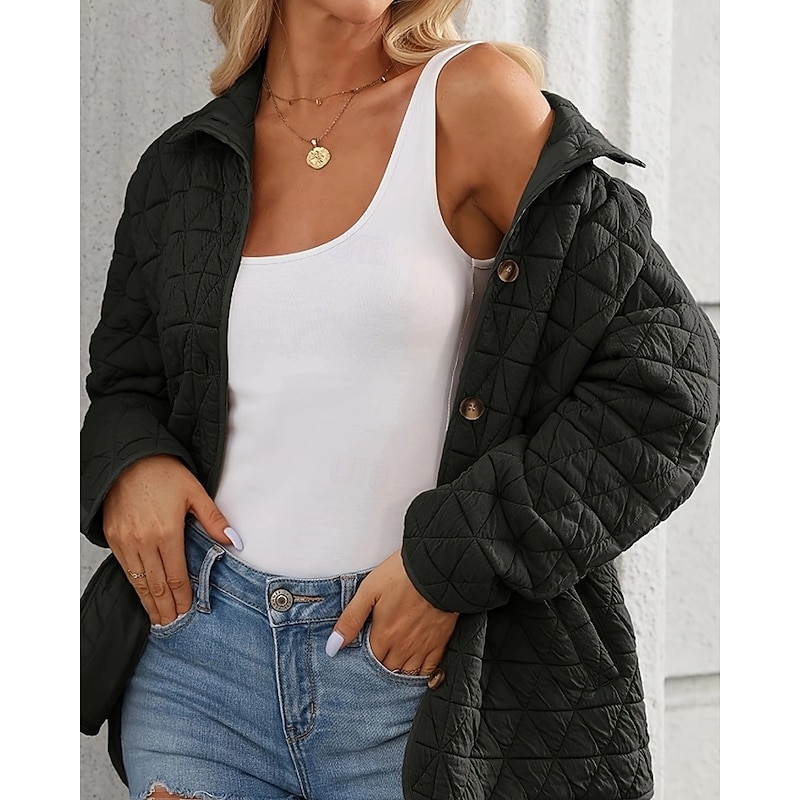 Women's Casual Jacket Warm Comfortable Pocket Buttons Casual Plain Going out Weekend Single Breasted Regular Turndown Regular Fit Long Sleeve Outerwear Navy Black Khaki Fall Winter2