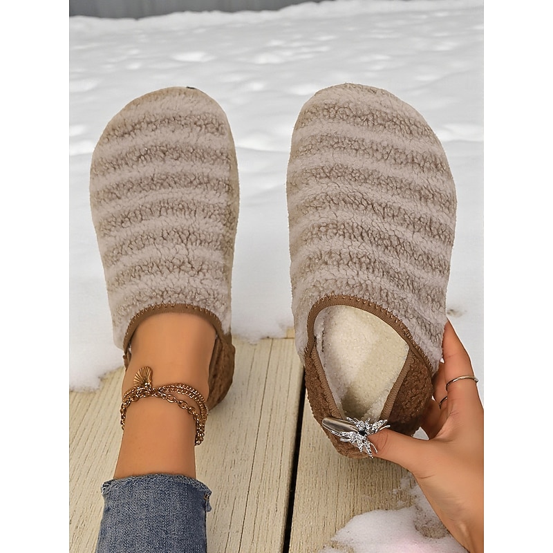 Women's Striped Fuzzy Sherpa Slippers with Anti-Slip Sole – Cozy Winter Indoor Shoes for Home, Bedroom and Relaxation2