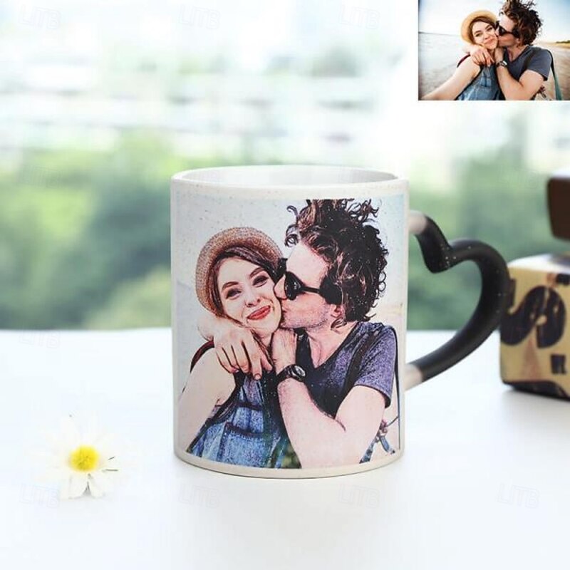 Personalized Photo Color Changing Mug with Heart Handle, Custom Heat-Sensitive Ceramic Coffee Cup, Romantic Gift for Couples, Christmas, Valentine's Day, Birthday