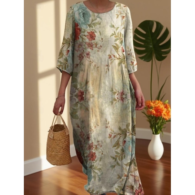 Women's Midi Dress Casual Dress Print Dress Vintage African Daily Beach Weekend Regular Fit Floral 3/4 Length Sleeve Crew Neck Pink Red Fuchsia Green Fall Autumn3