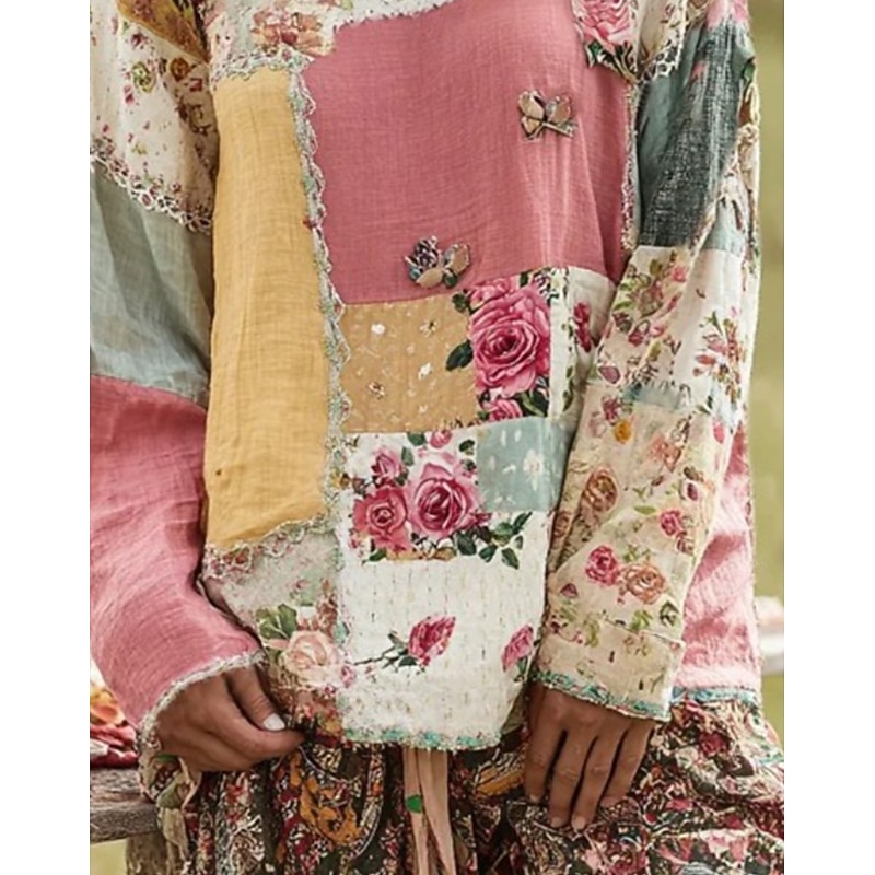 Women's Plus Size T Shirt Floral Color Gradient Oil painting flowers Basic Long Sleeve Crew Neck Regular Tops Daily Going out Weekend Print Pink Red Blue Purple Green Spring Fall Prefall2