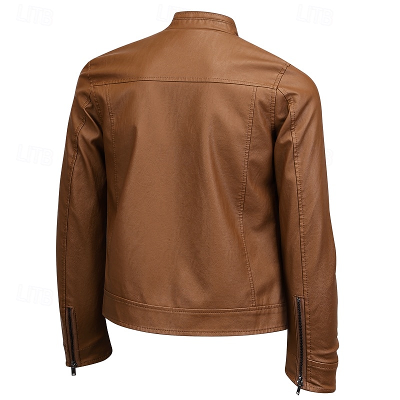 Men's Faux Leather Jacket Motorcycle Jacket Outdoor Vacation Warm Zipper Pocket Fall Winter Plain Fashion Streetwear Standing Collar Regular Black Wine Brown Coffee Jacket3
