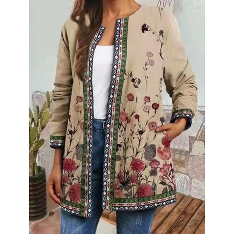 Women's Casual Jacket Windproof Warm Pocket Color Block Open Front with Pockets Vintage Modern Floral Casual Daily Casual Daily Regular Crewneck Regular Fit Long Sleeve Outerwear Black Blue Green Fall