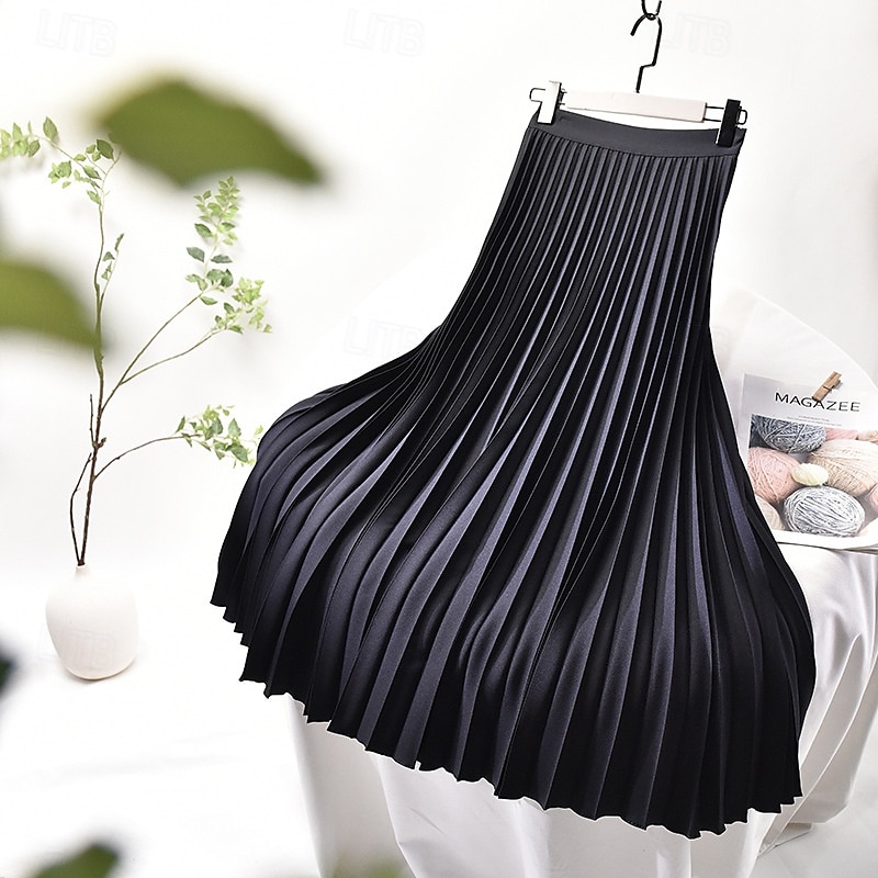 Women's Skirt Swing Fashion Casual Maxi Mid Rise Skirts Plain Pleated Micro-elastic Vacation Street Black White Navy Blue Dark Gray Summer Chiffon Polyester4