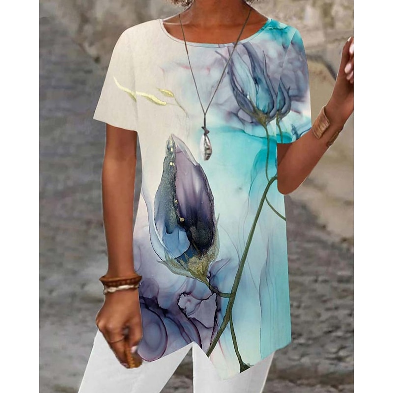 Women's T Shirt Tee Top Graphic Fashion Modern Short Sleeve Crew Neck Regular Tops Daily Going out Beach Wear Print Asymmetrical Blue Sky Blue Purple Rose Pink Light Blue Summer4