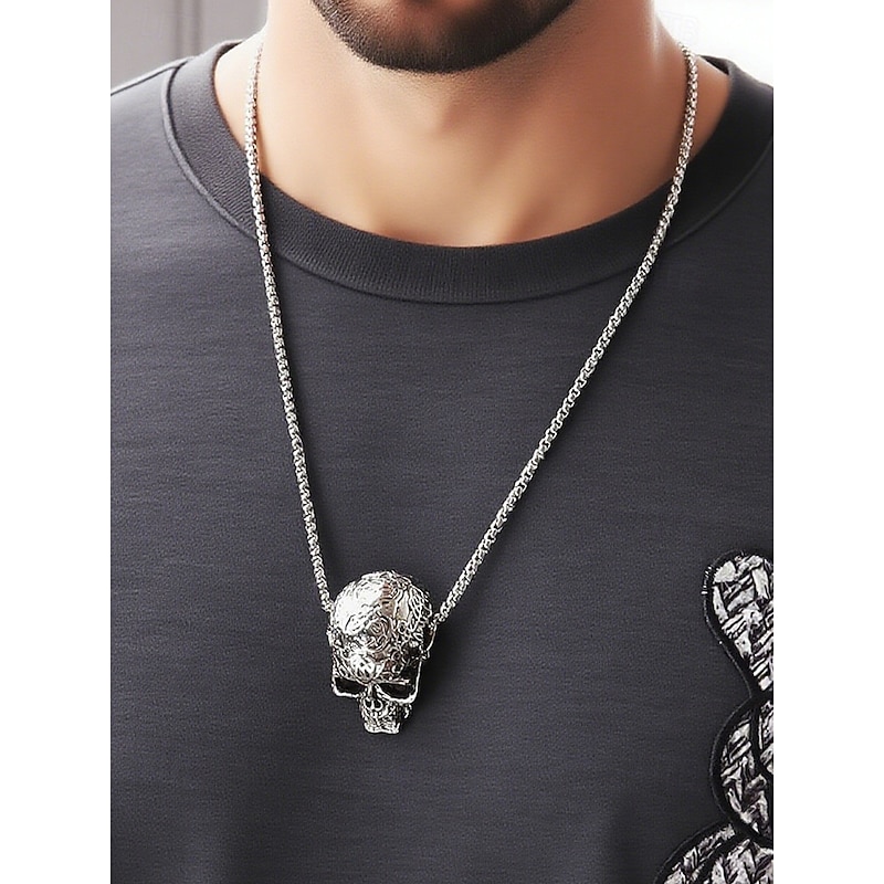 Men's Halloween Gothic Skull Pendant Necklace - Vintage Carved Alloy Chain Jewelry for Party, Cosplay and Everyday Punk Style3