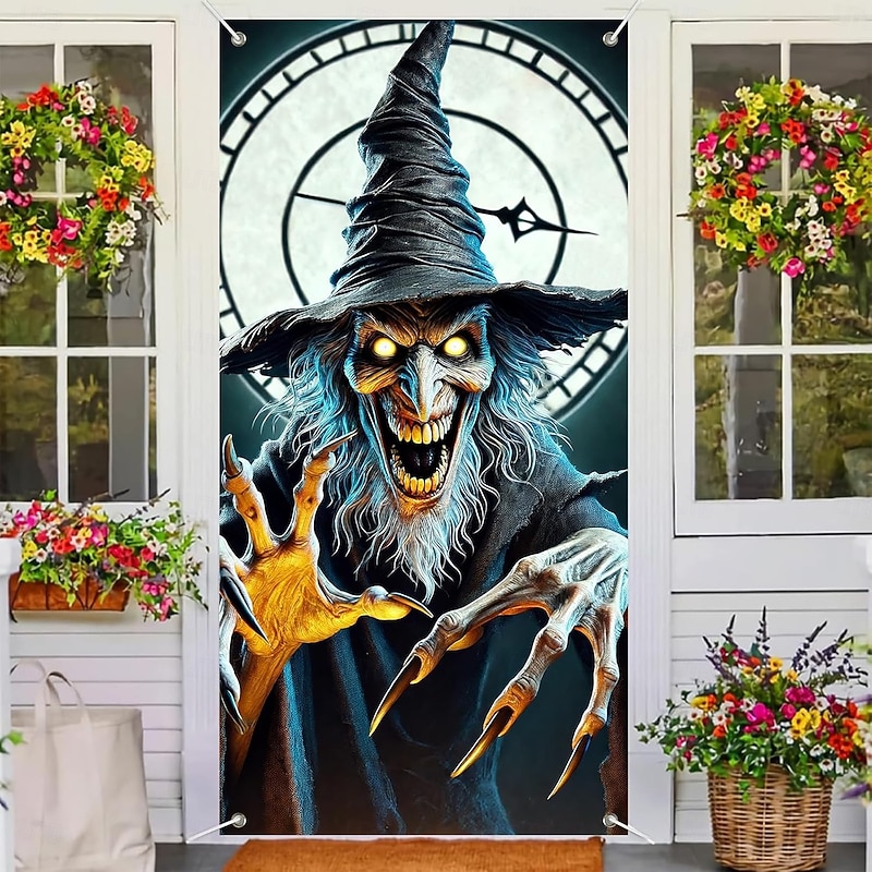 Halloween Door Cover Outdoor Banners Skeleton Witch 3D Psychedelic Dark Punk Gothic Style Party Outdoor Shooting Backgrounds Front Door Wall Porch Home Decor2