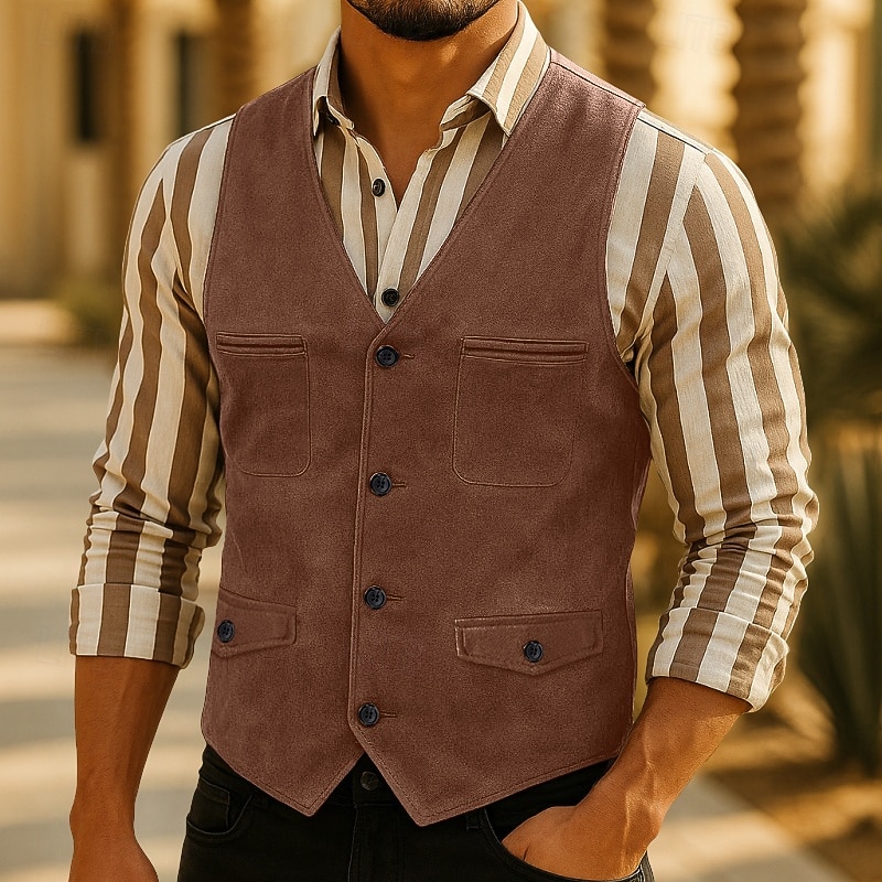 Men's Faux Suede Vest Waistcoat Formal Wedding Vacation Casual Western Style Smart Casual Spring Fall Pocket Buttons 95% Polyester 5% Spandex Faux Suede Comfortable Plain Herringbone Single Breasted