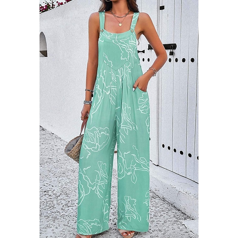 Women's Dungarees Active Graphic Sleeveless Sleeveless Wide Leg Pocket Buttons Vacation Daily Loose Fit Black White Navy Blue Summer2