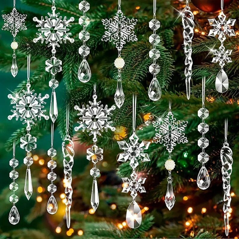 18pcs Crystal Christmas Ornaments for Christmas Tree Decorations Hanging Acrylic Snowflake and Icicle Ornaments with Drop Pendants for New Year Party Decorations Supplies4