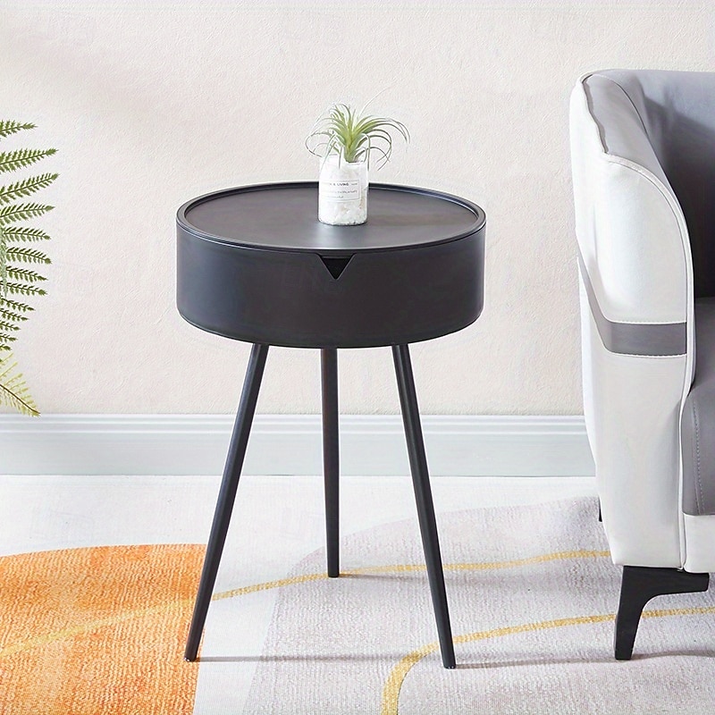 Casual Style Flip Top Side Table with Storage Plastic Round End Coffee Table Modern Bedside Accent Table with Leg Base for Living Room, Bedroom, Office2
