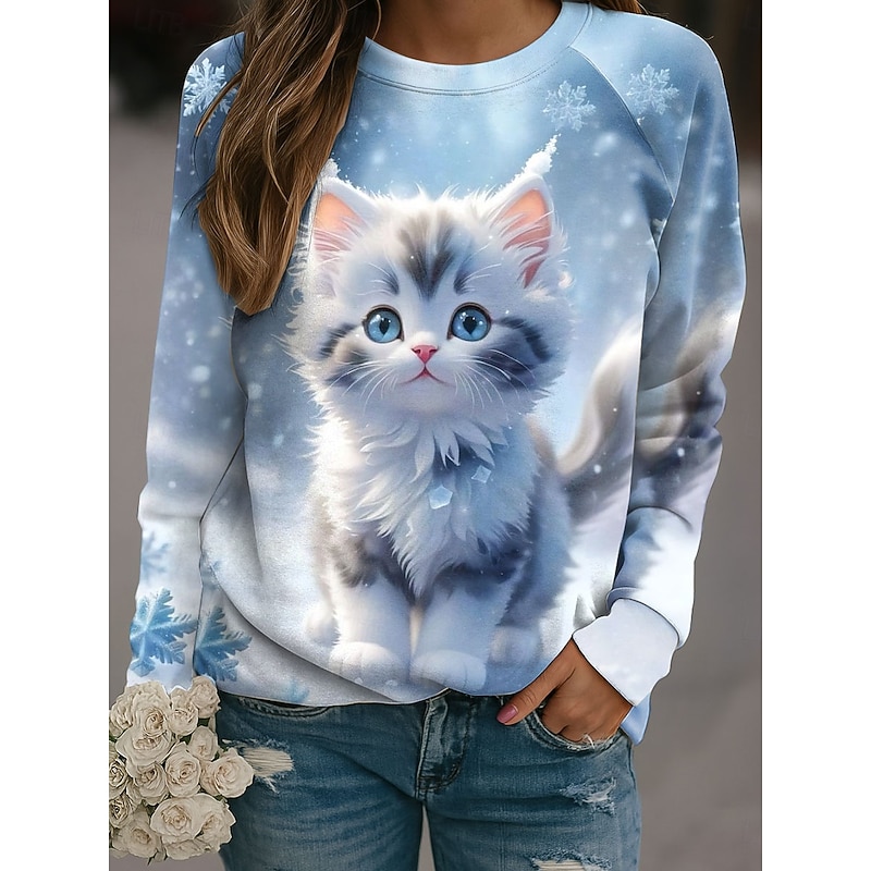 Women's Pullover Graphic Cat Casual Long Sleeve Crew Neck Regular Tops Casual Blue Purple Khaki Gray Fall Winter