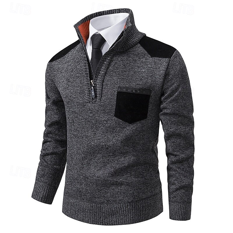 Men's Sweater Pullover Sweater Jumper Ribbed Knit Regular Tops Knitted Slim Fit Plain Stand Collar Knitwear Contemporary Casual Daily Wear Clothing Apparel Fall Winter Navy Blue Orange M L XL3