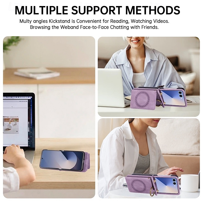 Phone Case For Samsung Galaxy Z Flip 7 Z Flip 6 Z Flip 5 Z Flip 4 Back Cover with Lanyard Support Wireless Charging Kickstand Retro TPU PU Leather3