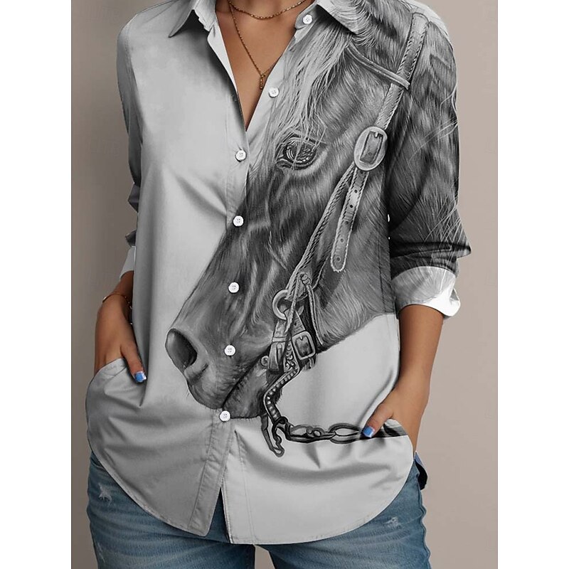 Dakota Daetwiler by Women's Shirt Blouse Graphic Animal Vintage Tropical Stylish Long Sleeve Shirt Collar Regular Tops Work Daily Holiday Buttons Print Light Grey Spring Fall3