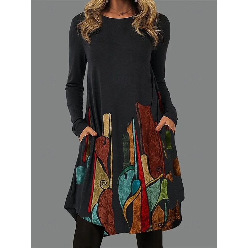 Women's Midi Dress Sheath Dress T Shirt Dress Tee Dress A Line Dress Athletic Dress Vacation Casual Boho Daily Regular Fit Graphic Geometric Houndstooth Long Sleeve Crew Neck Blue Brown Green Rainbow