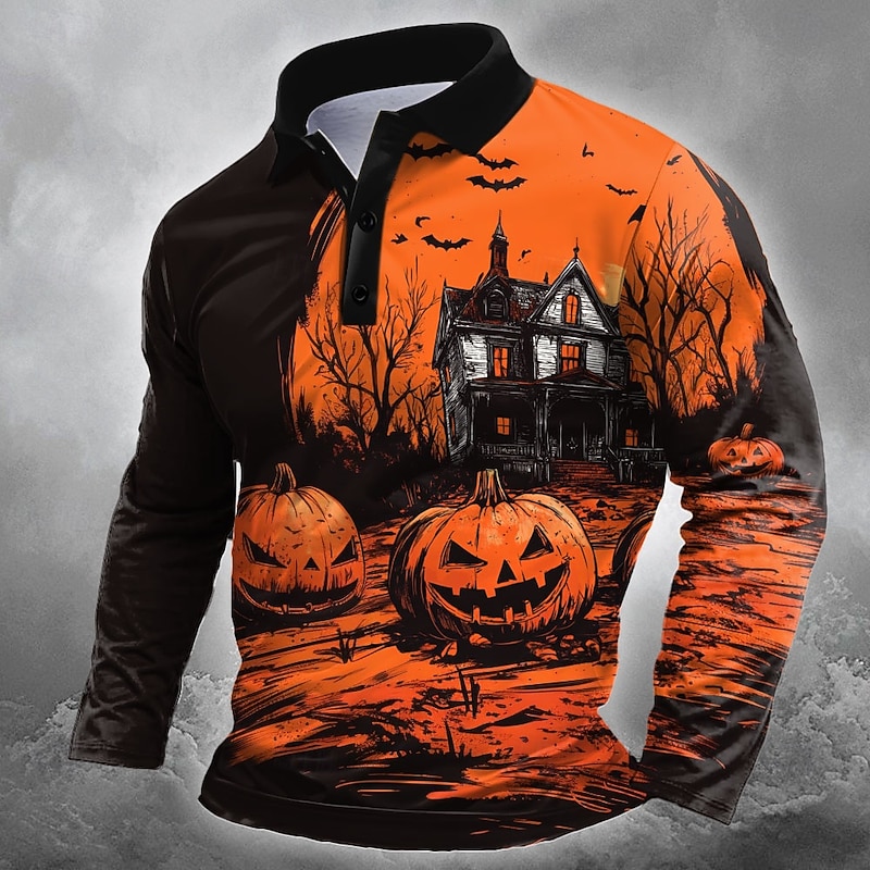 Halloween Men's Pumpkin Castle Polo Long Sleeve Polo Shirts Lapel Casual Street Athleisure Festival Outfit 3D Print Buttons Spring Fall Winter orange1 Orange  22