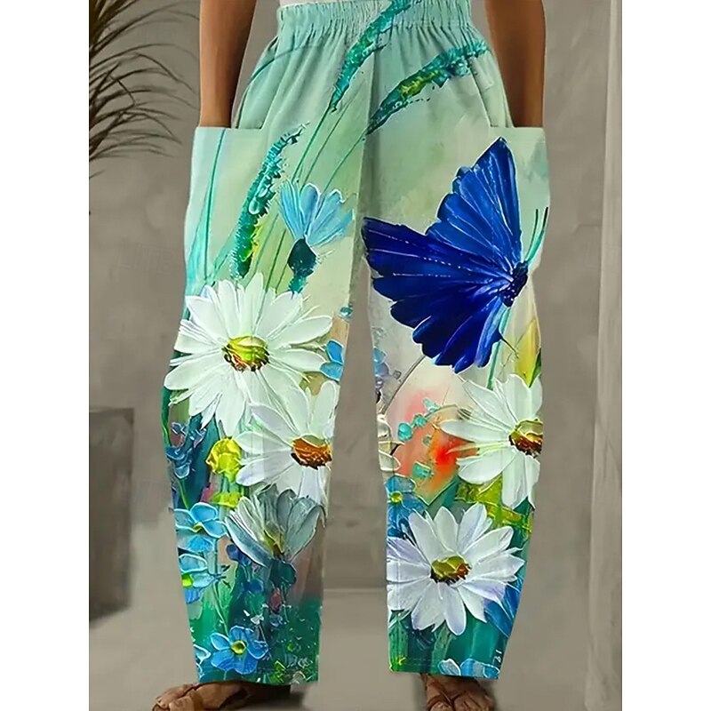 Women's Wide Leg Chinos Vacation Vintage Ethnic Style Full Length High Waist Floral Graphic Abstract Elastic Waistband Inelastic Causal Casual Daily Purple Green Light Green Summer Spring Loose Fit2