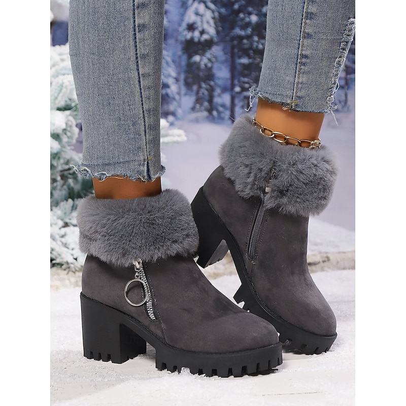 Women's Grey Fur Lined Suede Ankle Boots – Warm Chunky Heel Lug Sole Winter Booties with Side Zipper for Cold Weather