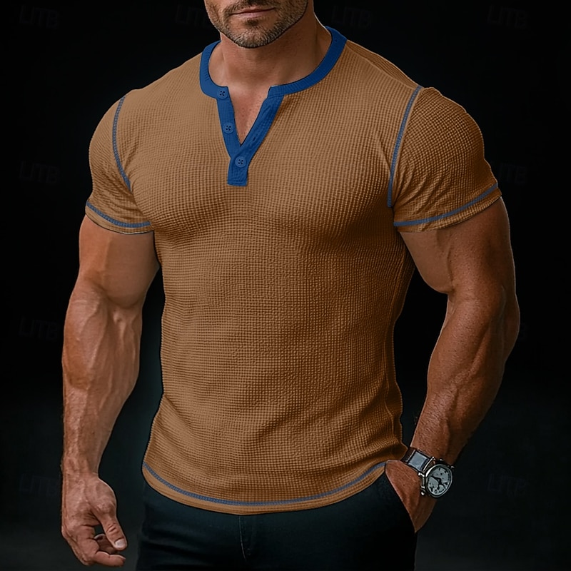 Men's Waffle Henley Shirt Tee Short Sleeve Henley Summer All Seasons Solid Color Fashion Designer Casual Patchwork Buttons Outdoor Casual Daily White Blue Yellow Top Tee for Men