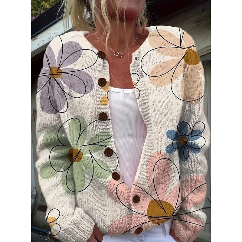 Women's Cardigan Sweater Knitted Ribbed Button Front Round Neck Long Sleeve Lightweight female Elegant Vintage Floral Graphic Buttons Print Regular Tops Knit Outdoor Weekend Beige Fall Winter2
