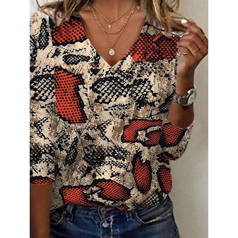 Women's Tunic T Shirt Leopard Color Block Letter Vintage Stylish Casual Long Sleeve V Neck Regular Tops Daily Sports Weekend Print Gray / Red White / Black Fall4