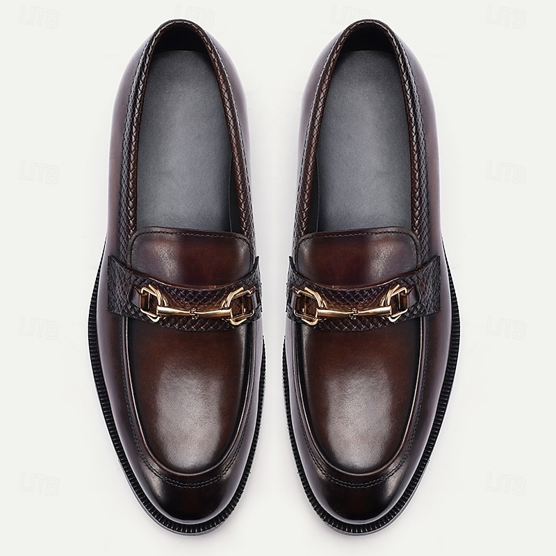 Men's Brown Leather Loafers with Metal Buckle – Elegant Slip-On Dress Shoes for Business, Weddings and Formal Events4