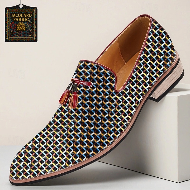 Men's Jacquard Fabric Loafers with Tassels – Stylish Slip-On Dress Shoes for Casual Parties, Weddings and Evening Events