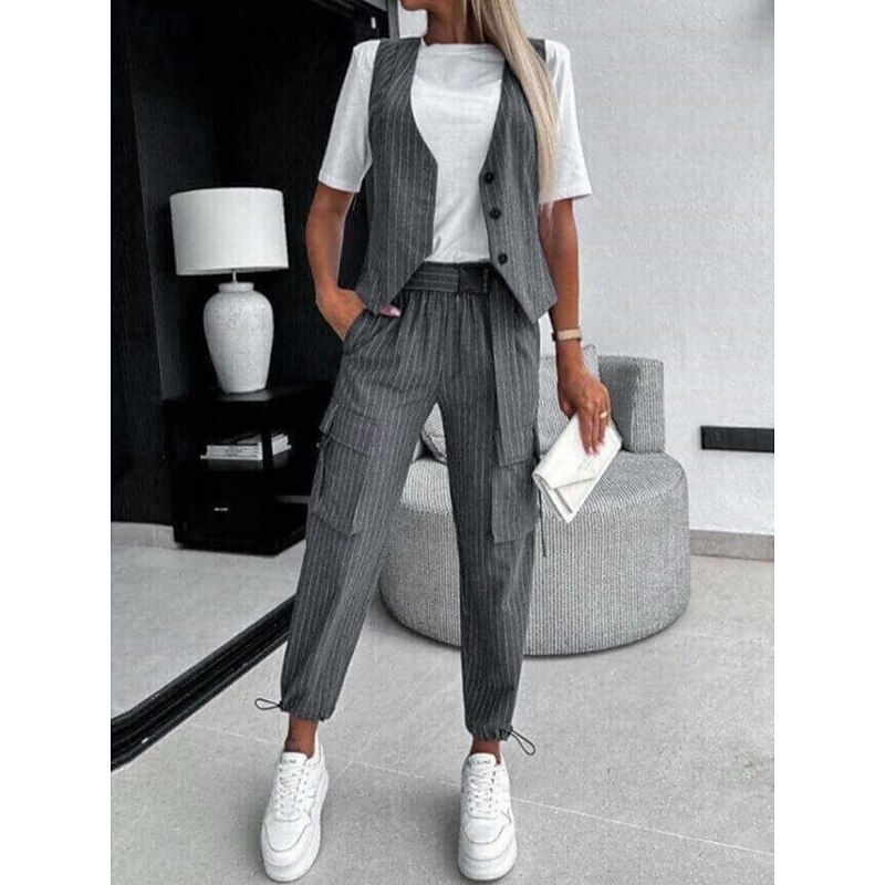 Women's Fashion Streetwear Pants Sets Sleeveless V Neck Striped Print Casual Daily Black White Green Summer Regular Fit4