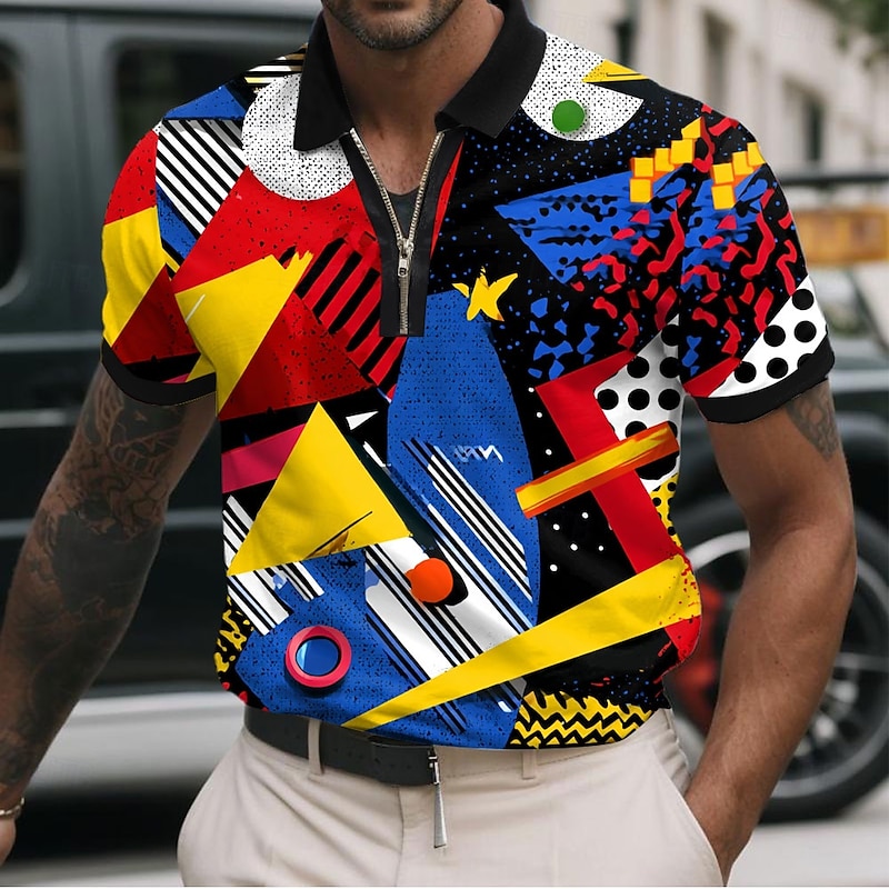 Men's Abstract Geometic Zip Polo Shirts Short Sleeve Polo Shirts Collared Shirts Casual Athleisure Daily Wear 3D Print Summer Yellow Red Blue