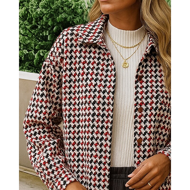 Women's Woolen Coat Long Peacoat Jacket Long Sleeve Top Athleisure Plaid Checkered Windbreaker Fashion Outdoor Travel Sports Sportswear Activewear Black Red Coffee3
