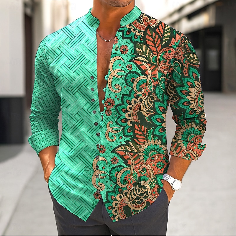 Men's Paisley Ethnic Flowers Shirt Stand Collar Shirt Long Sleeve Vintage Retro Vacation Casual Spring Fall Mandarin Collar Band Collar Button-Down Linen Like Shirt Pink Blue Green2