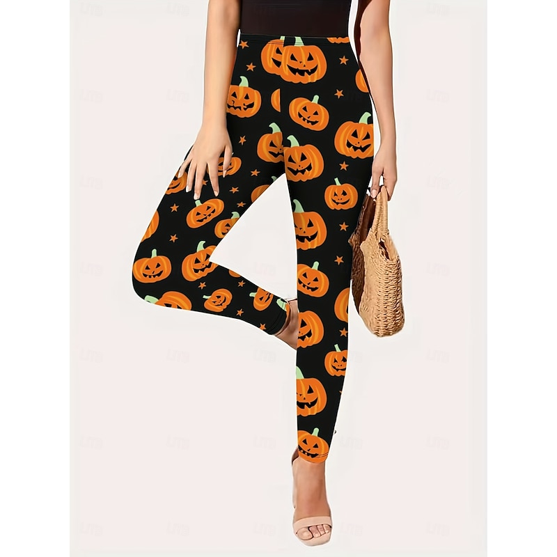 Women's Leggings Vacation Vintage Fashion Ankle-Length High WaistPantsHalloween Graphic Pumpkin Halloween Printing Soft Breathable Stretchy Vacation Street Causal Orange Spring Fall Winter Slim Fit3