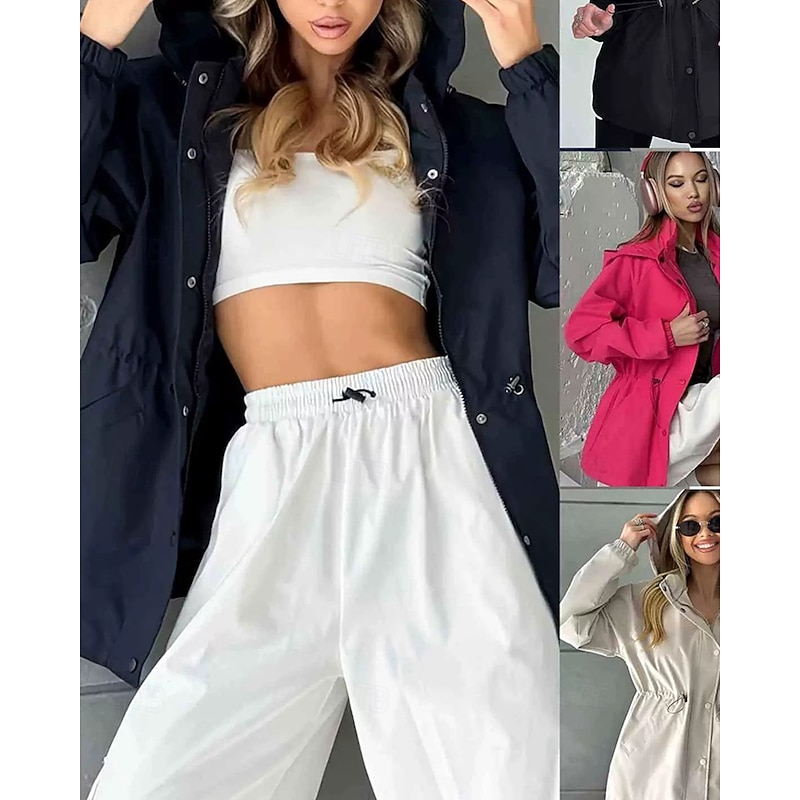 Women's Trench Coat Waterproof Rain Jackets Rain Coats Waterproof Windproof Zipper Pocket Fashion Outdoor Plain Going out Weekend Zipper Regular Hooded Regular Fit Long Sleeve Outerwear Black Red