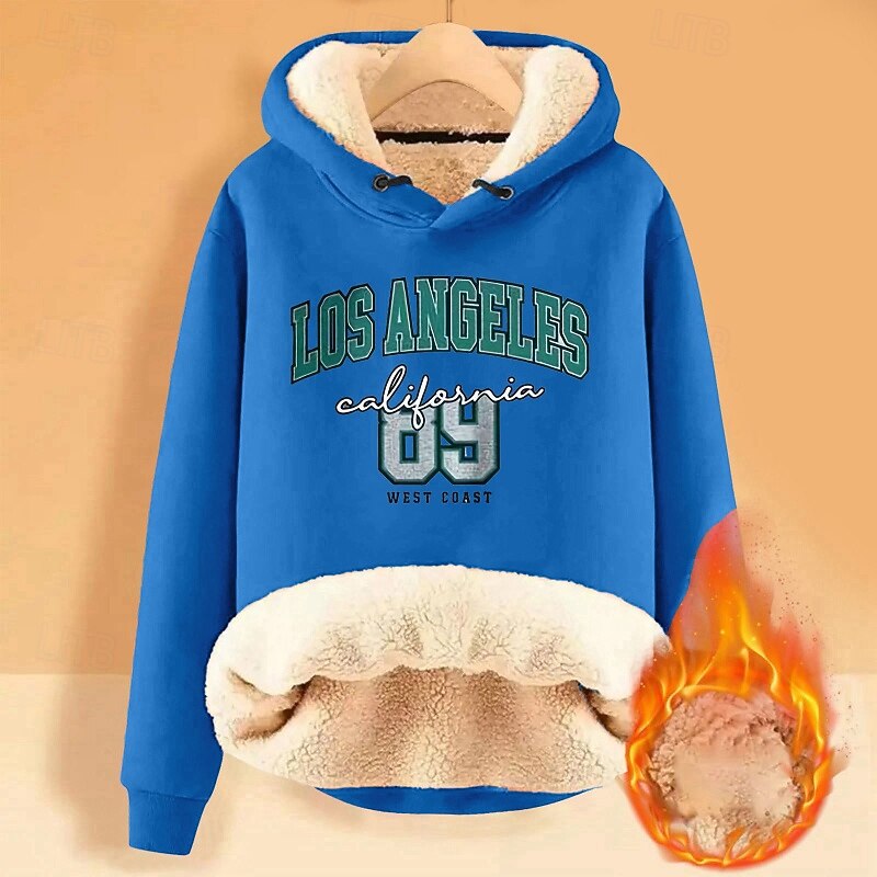 Women's Fleece Lined Pullover Sweatshirt Pajamas Pullover Hoodie Sweatshirt Letter Streetwear Casual Long Sleeve Hooded Regular Tops Street Holiday Going out Print Denim Blue Navy Blue Blue Dark Blue3